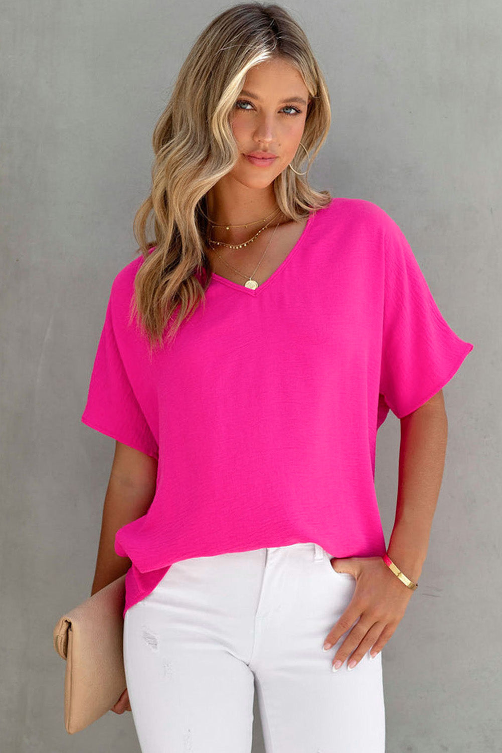 Pink Solid V Neck Short Sleeve Blouse - LA Grand