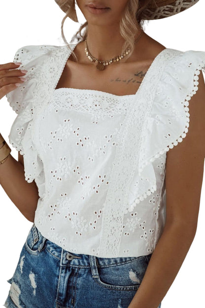 White Square Neck Ruffle Sleeve Blouse - LA Grand