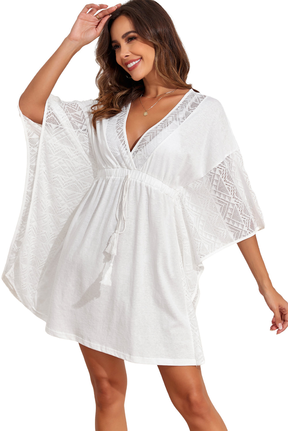 White Lace Patch Kimono Sleeve Tassel Drawstring Beach Cover Up - LA Grand