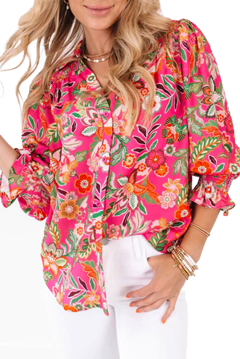 Strawberry Pink Floral Print Smocked Cuff Puff Sleeve Shirt - LA Grand