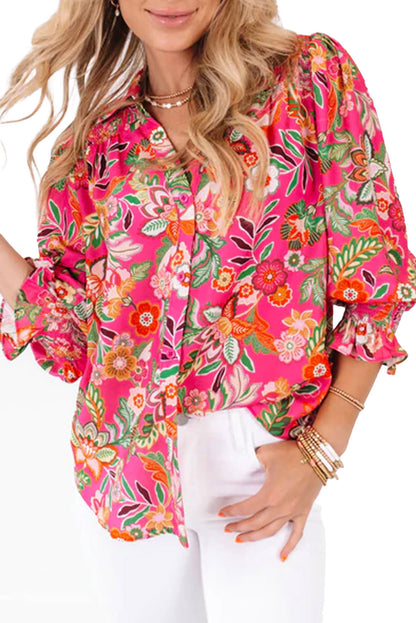 Strawberry Pink Floral Print Smocked Cuff Puff Sleeve Shirt - LA Grand