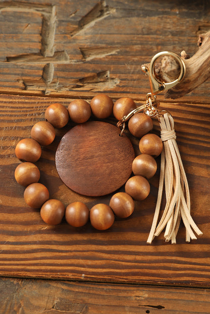 Brown Wood Beads Bracelet Tassel Keyring - LA Grand