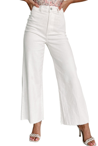 White Solid Raw Hem Wide Leg Crop Jeans - LA Grand