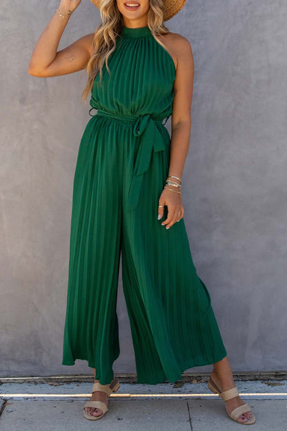 Black Halter Neck Pleated Wide Leg Jumpsuit with Belt - LA Grand