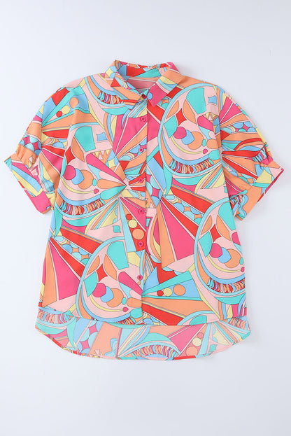 Multicolor Abstract Geometry Print Half Puff Sleeve Loose Shirt - LA Grand