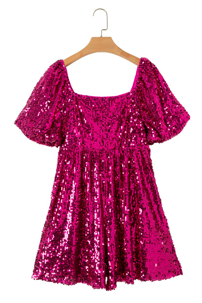 Rose Red Short Puff Sleeve Sequin Babydoll Romper - LA Grand