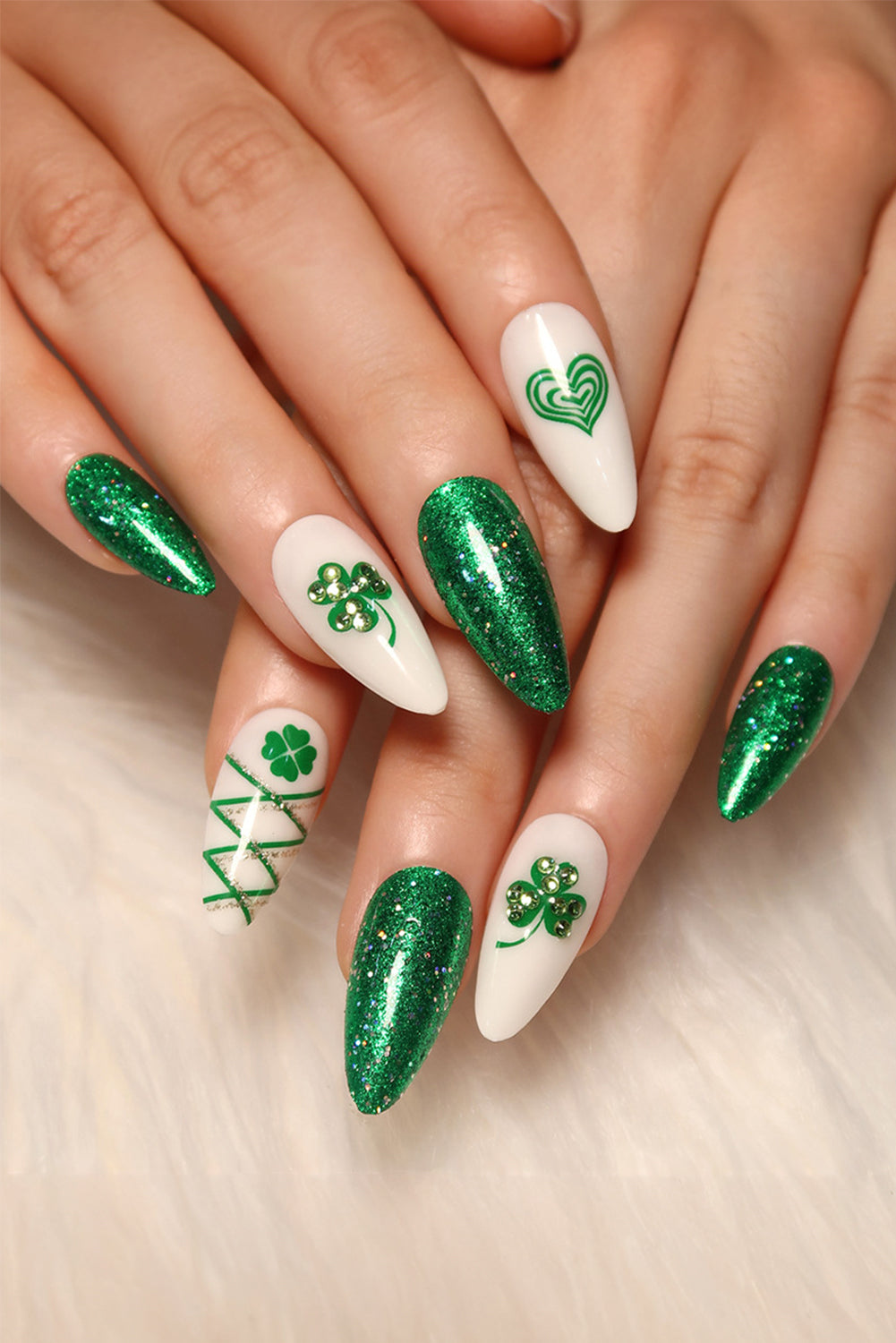 Blackish Green Almond Clover Rhinestone Glitter Fake Nails - LA Grand