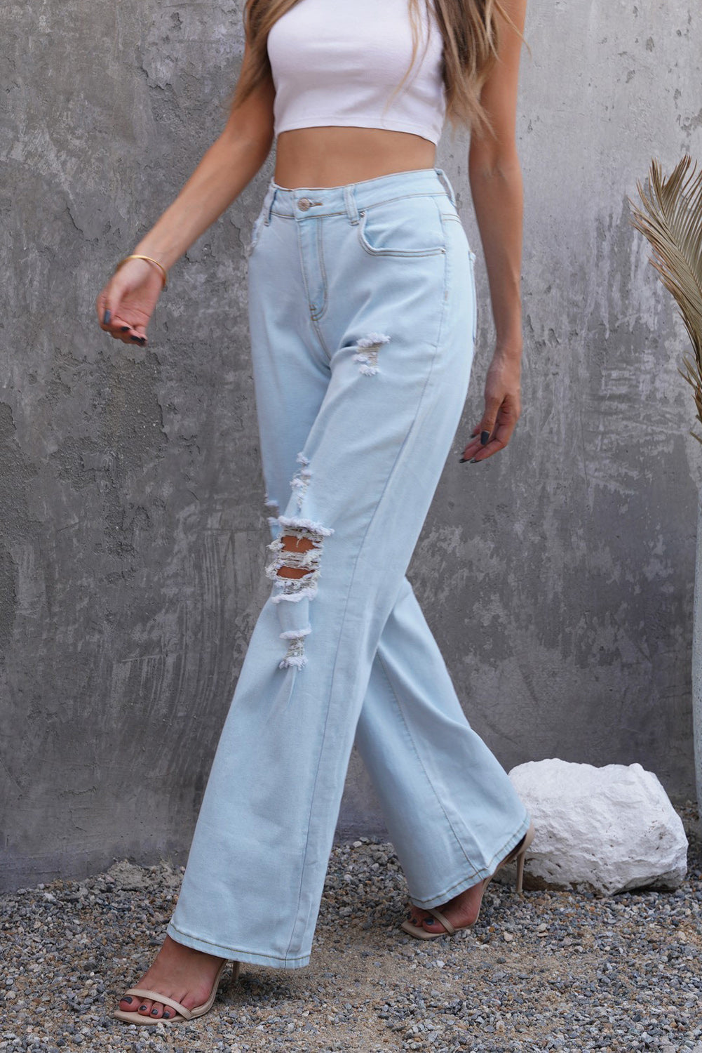 Sky Blue Washed Ripped Knee Wide Legs Jeans - LA Grand