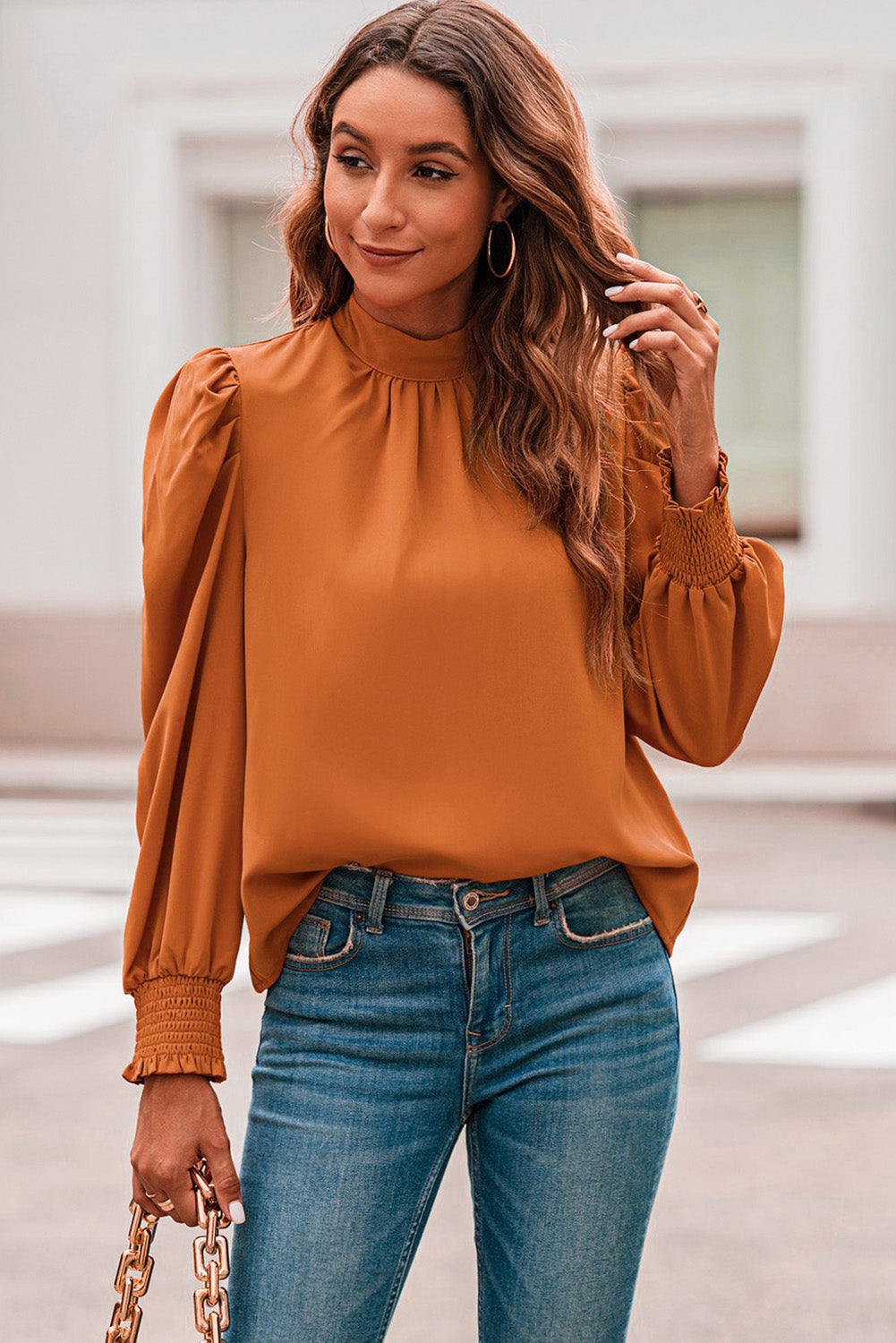 Orange Long Bubble Sleeve Mock Neck Chiffon Blouse - LA Grand