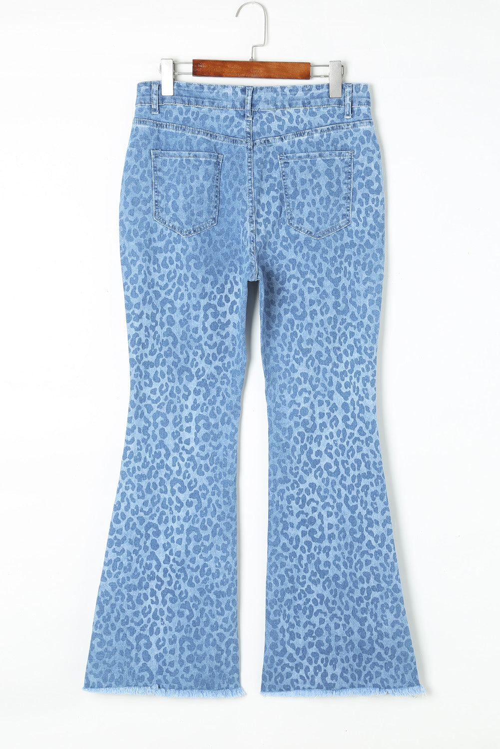 Sky Blue Leopard Print Raw Hem High Waist Flare Jeans - LA Grand