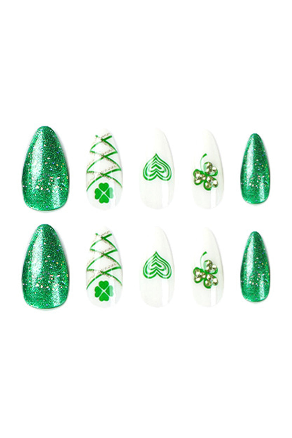 Blackish Green Almond Clover Rhinestone Glitter Fake Nails - LA Grand