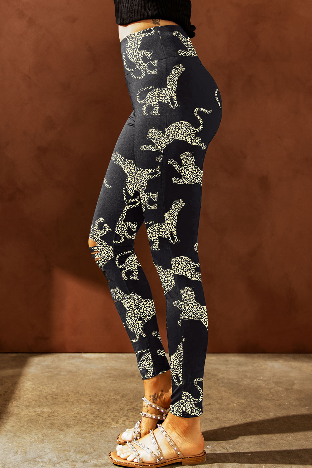 Black Printed High Rise Cheetah Print Ripped Leggings - LA Grand