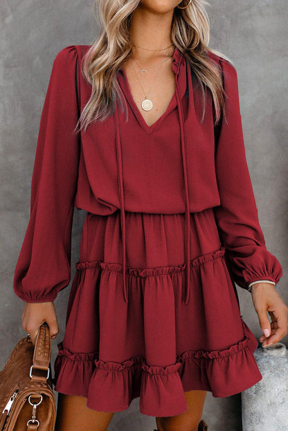 V Neck Long Sleeve Ruffle Tiered Mini Dress - LA Grand