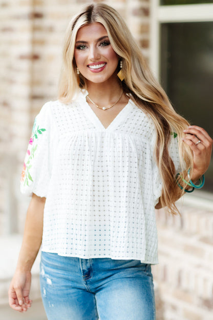 White Floral Embroidered Puff Sleeve Notched Neck Blouse - LA Grand