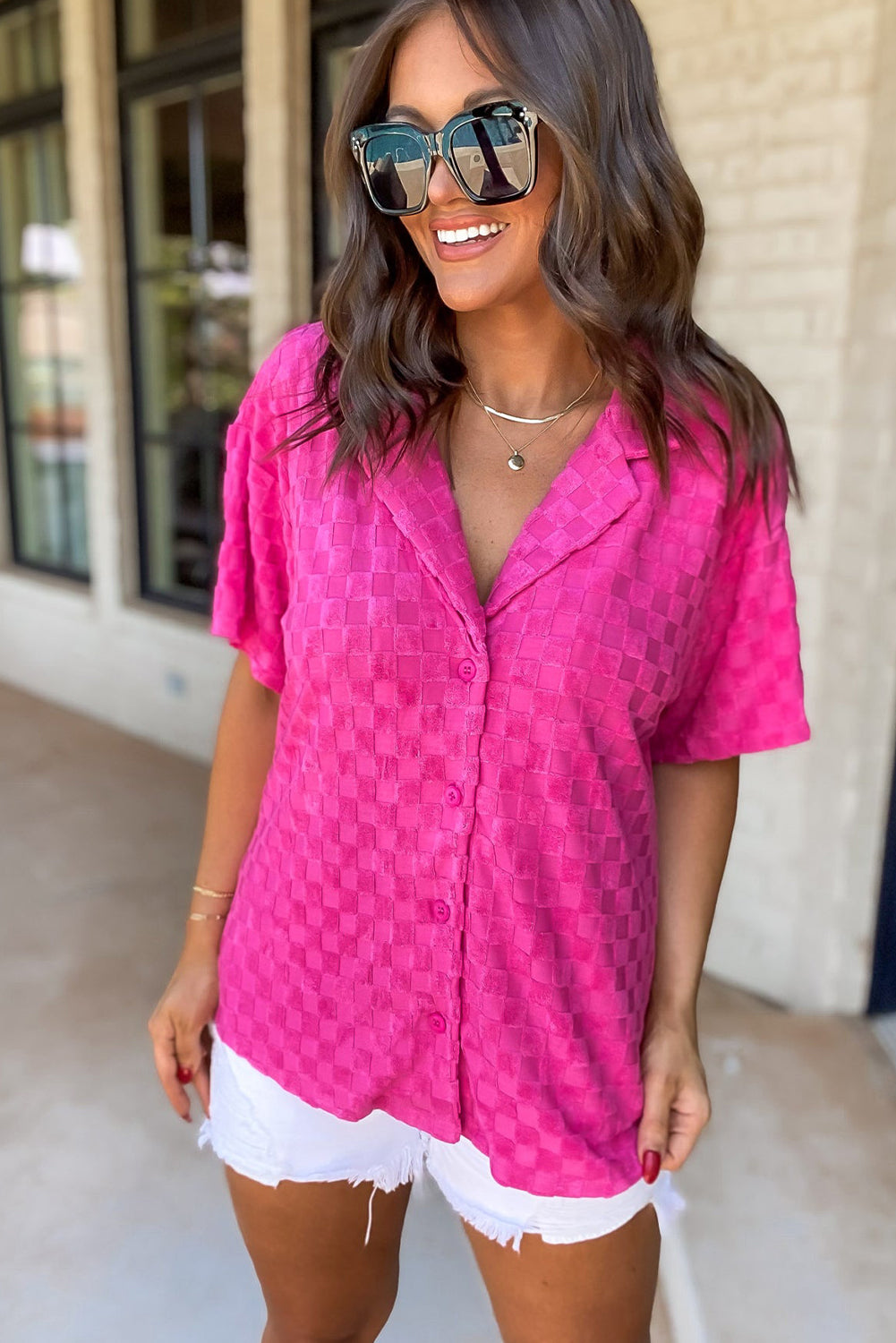 Bright Pink Lapel Neck Checkered Textured Short Sleeve Shirt - LA Grand