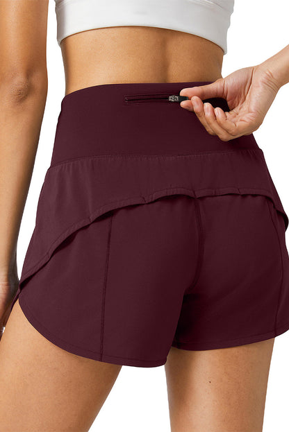 Burgundy Wide Waistband High Waist Sports Shorts - LA Grand