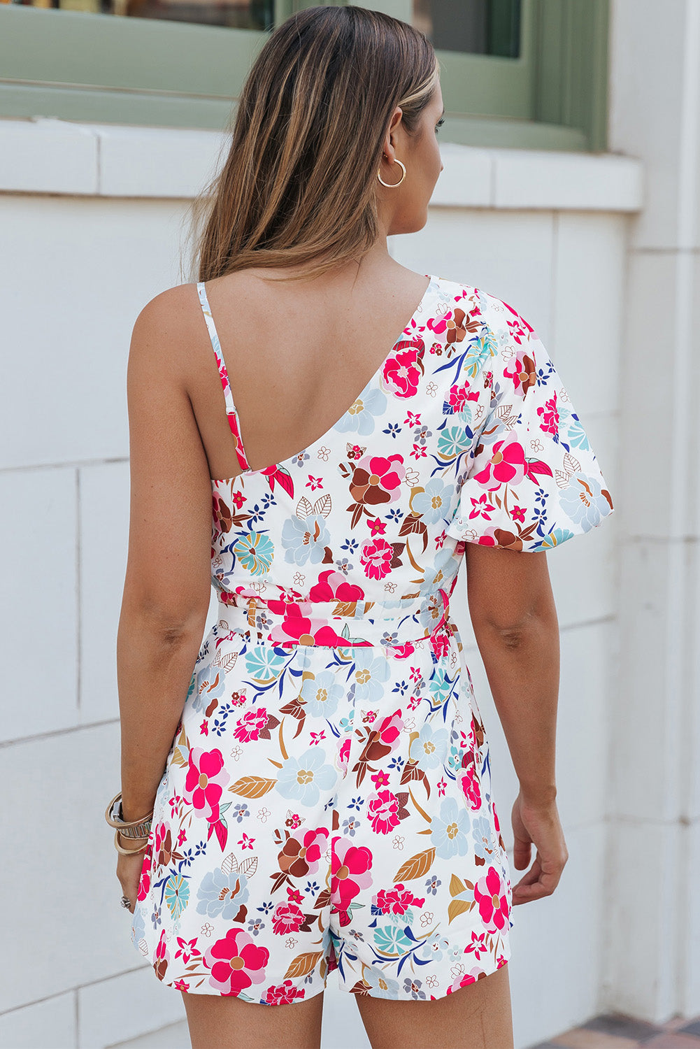 White Floral Single Bubble Sleeve Slant Shoulder Romper - LA Grand