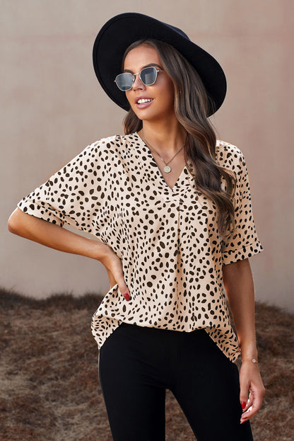 Apricot Animal Print V-neck Rolled Sleeve Tunic Top - LA Grand