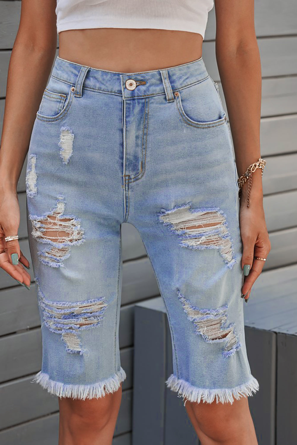 Light Blue Distressed Denim Bermuda Shorts - LA Grand