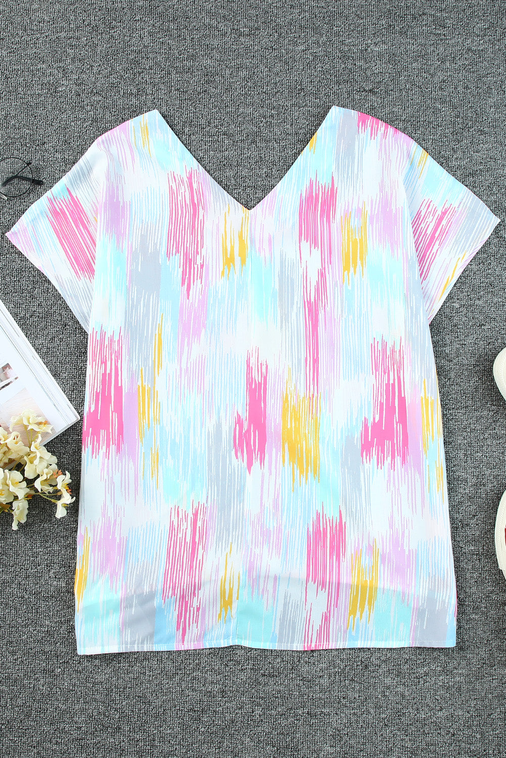 Pink Abstract Print V Neck Dolman Blouse - LA Grand