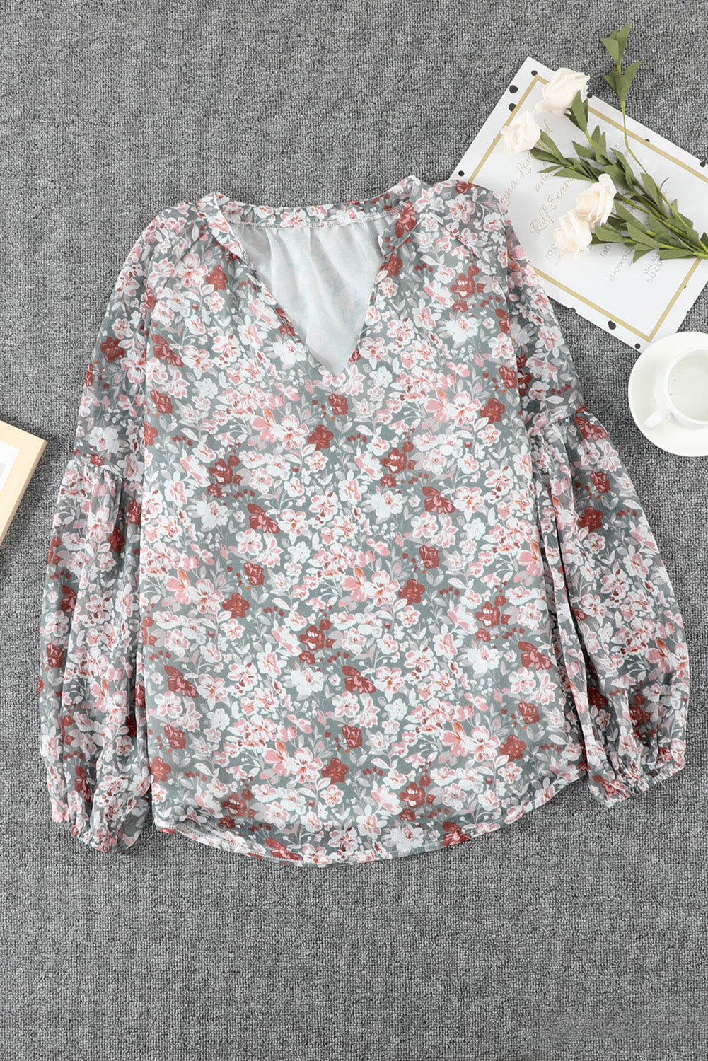 White Floral Print V Neck Long Puff Sleeve Top - LA Grand