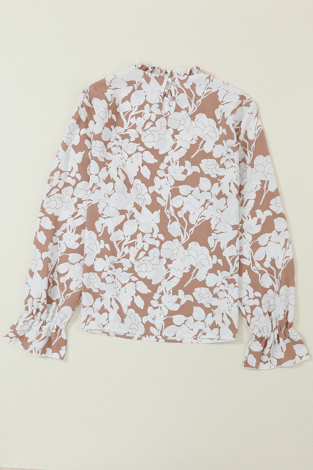 White Floral Print Frilled Neckline Flounce Sleeve Blouse - LA Grand