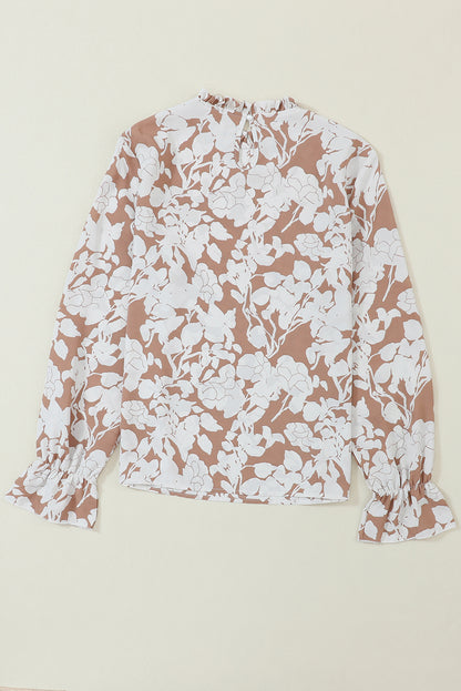 White Floral Print Frilled Neckline Flounce Sleeve Blouse - LA Grand