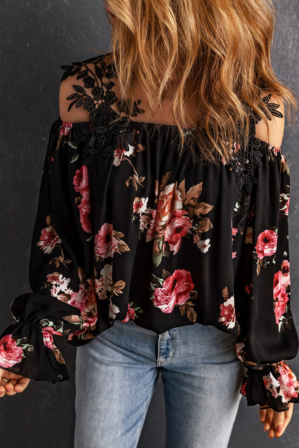 Black Floral Print Lace Patchwork Loose Cold Shoulder Blouse - LA Grand