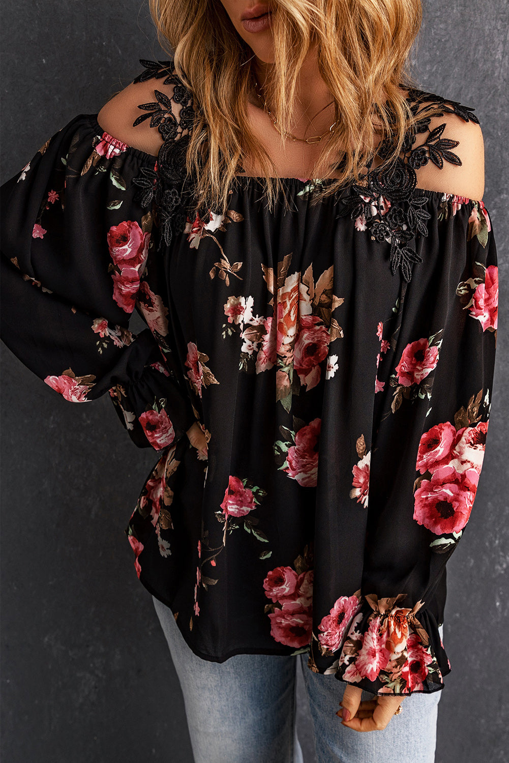 Black Floral Print Lace Patchwork Loose Cold Shoulder Blouse - LA Grand