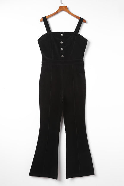 Black Sleeveless Buttoned Bodice Wide Leg Corduroy Jumpsuit - LA Grand