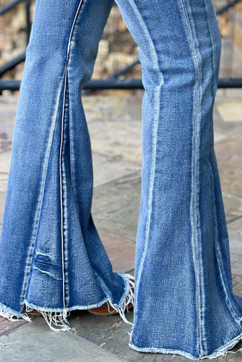 Light Blue Acid Wash Raw Hem Flared Jeans - LA Grand