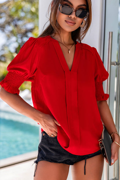 Fiery Red Solid Color Half Sleeve V Neck Blouse - LA Grand