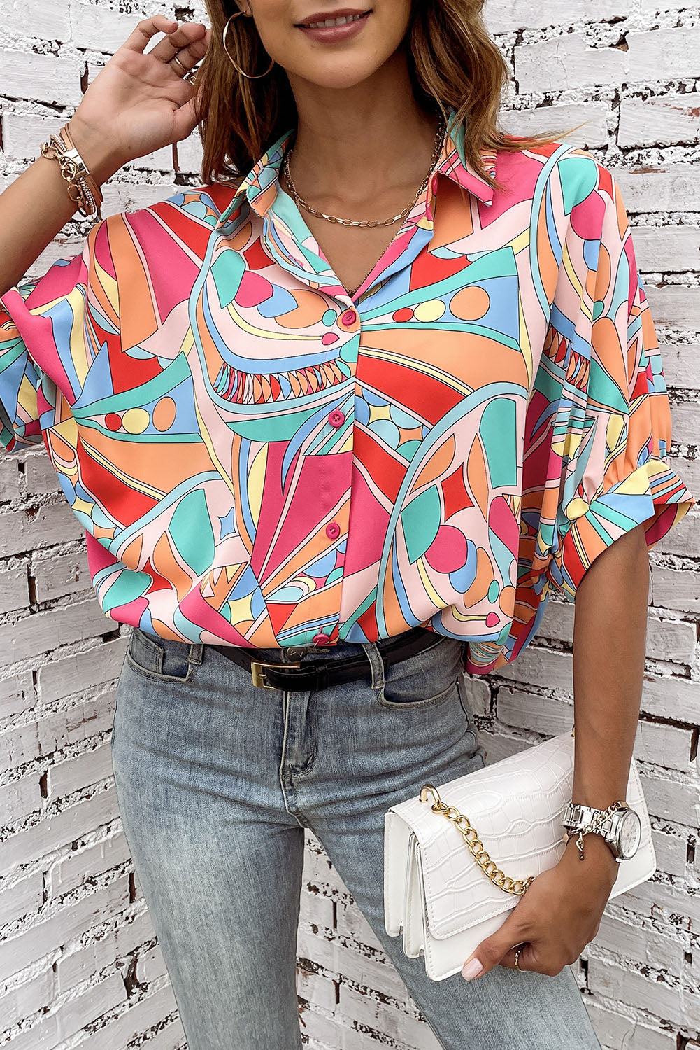 Multicolor Abstract Geometry Print Half Puff Sleeve Loose Shirt - LA Grand