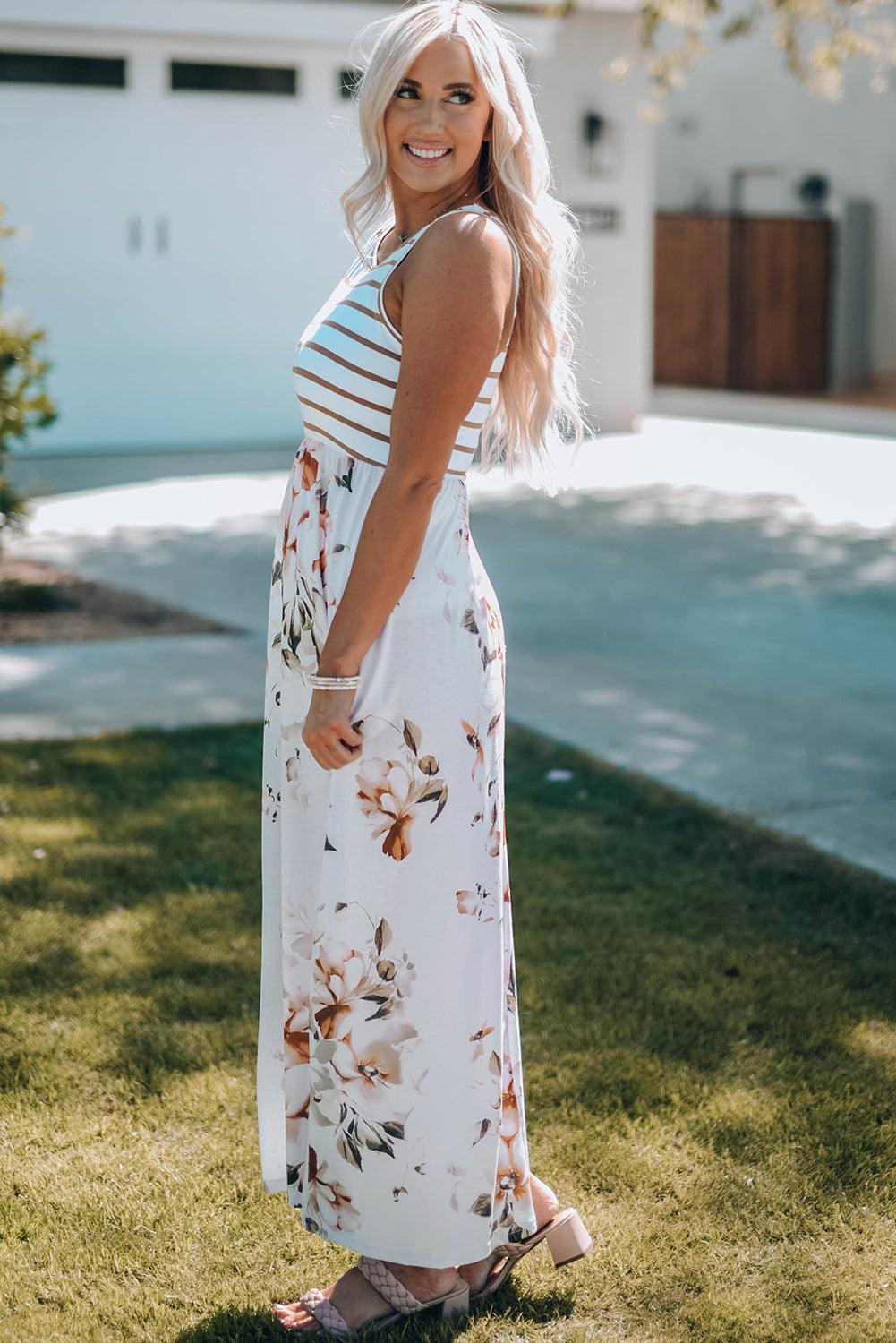 White Striped Floral Print Sleeveless Maxi Dress with Pocket - LA Grand