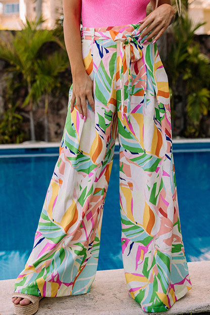 Multicolor Tropical Leafy Print Belted Wide Leg Pants - LA Grand