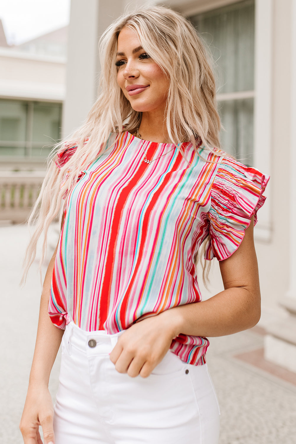 Multicolor Abstract Print Stitching Ruffle Sleeve Blouse - LA Grand