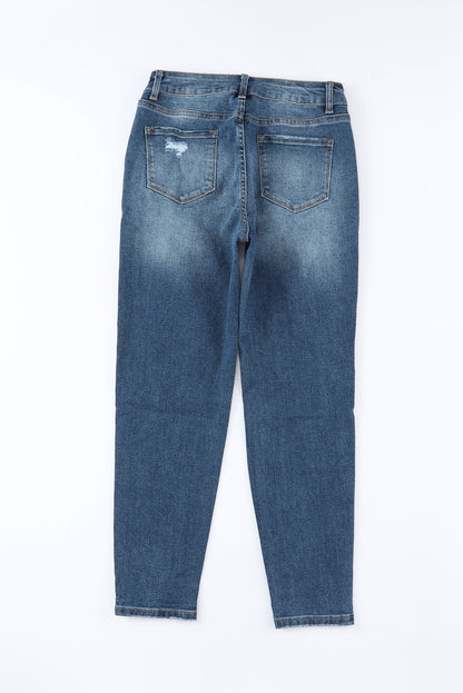 Blue Distressed Button Fly High Waist Skinny Jeans - LA Grand