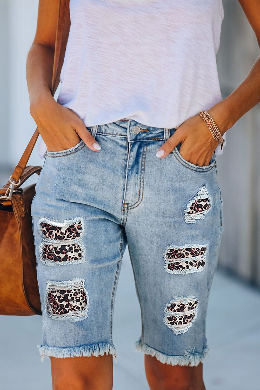 Mid-rise Ripped Leopard Patches Denim Bermuda Shorts - LA Grand