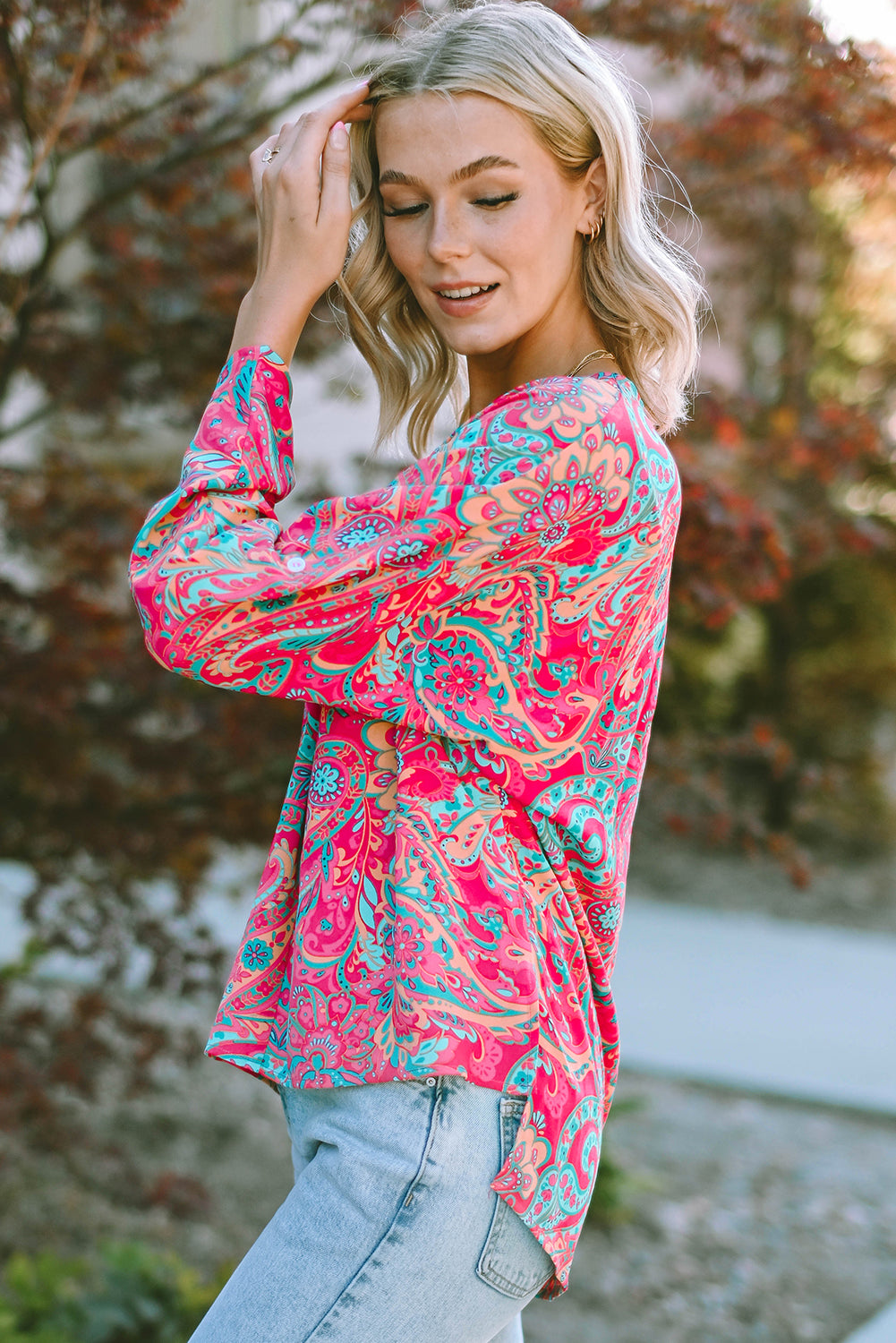 Rose Red Paisley Print Tab Sleeve V-Neck Blouse - LA Grand