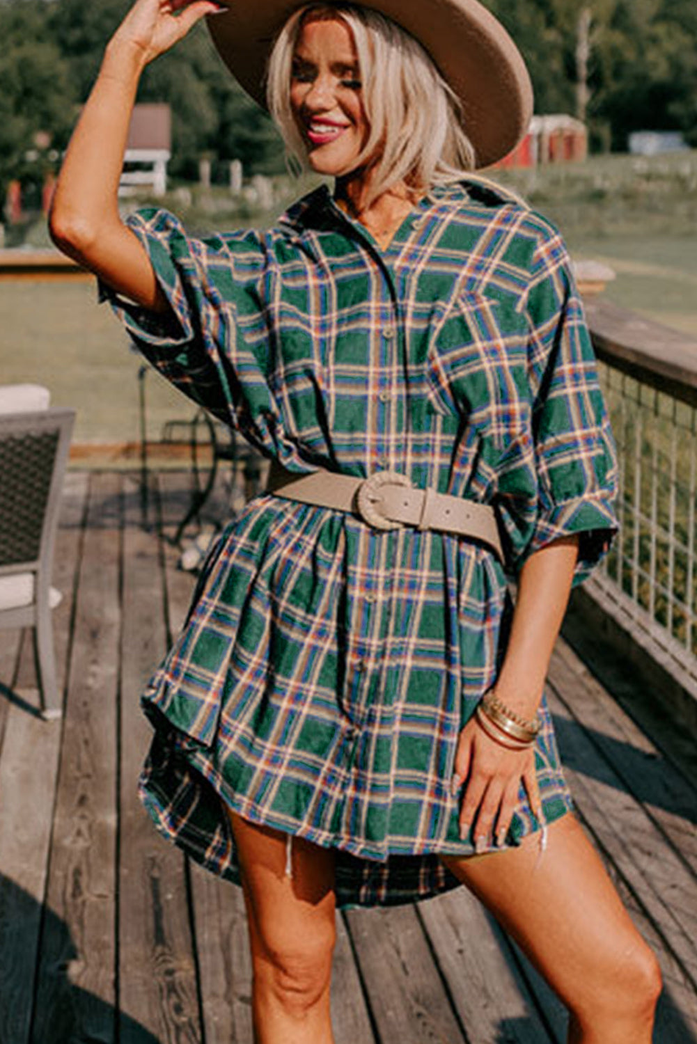 Green Oversized Plaid Half Sleeve Tunic Shirt - LA Grand