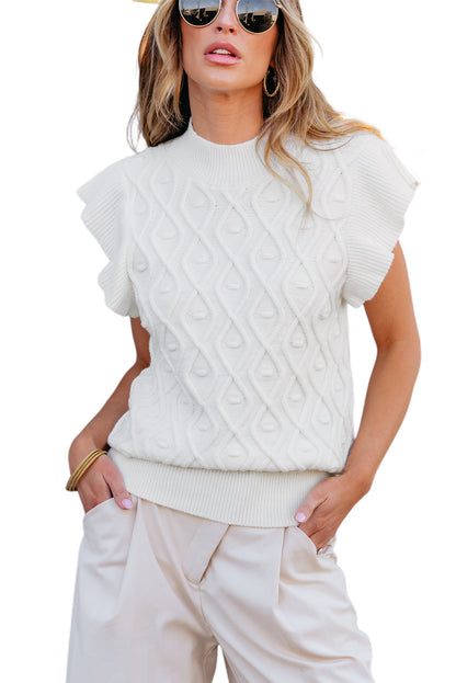 White Textured Ruffled Mock Neck Knitted Vest - LA Grand