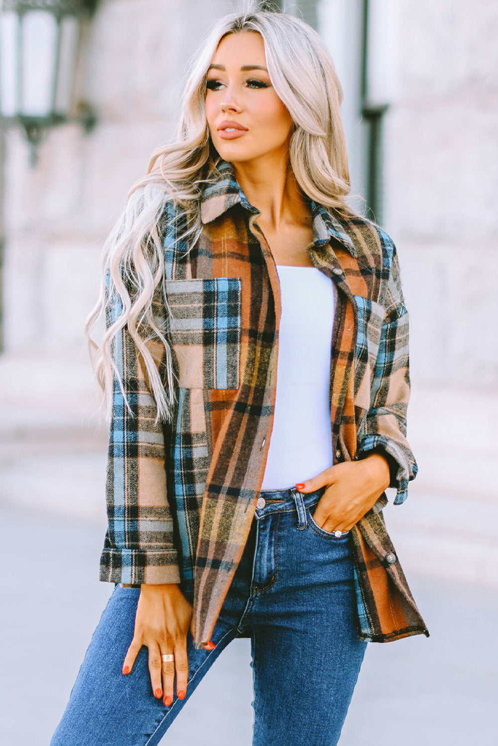 Brown Plaid Color Block Buttoned Shirt with Pockets - LA Grand