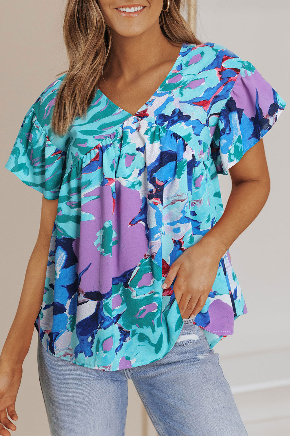 Sky Blue Abstract Print V Neck Flutter Sleeve Blouse - LA Grand