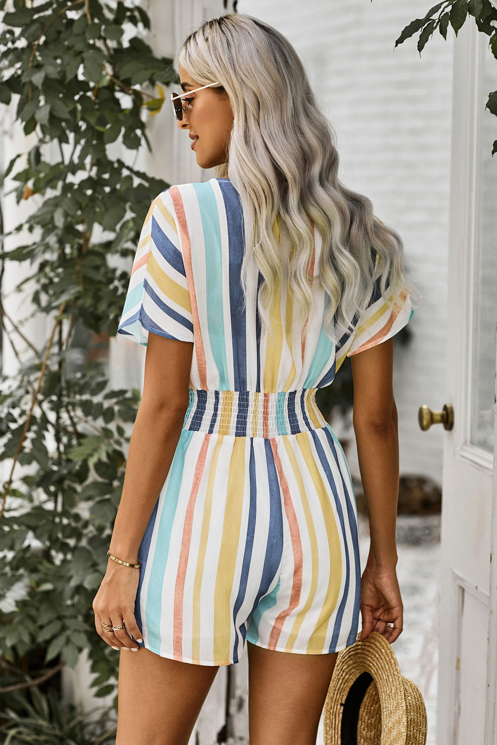 Striped Print V-neck Button Romper - LA Grand