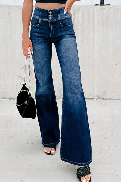 Blue Buttons Elastic Wide Waistband Back Flare Jeans - LA Grand