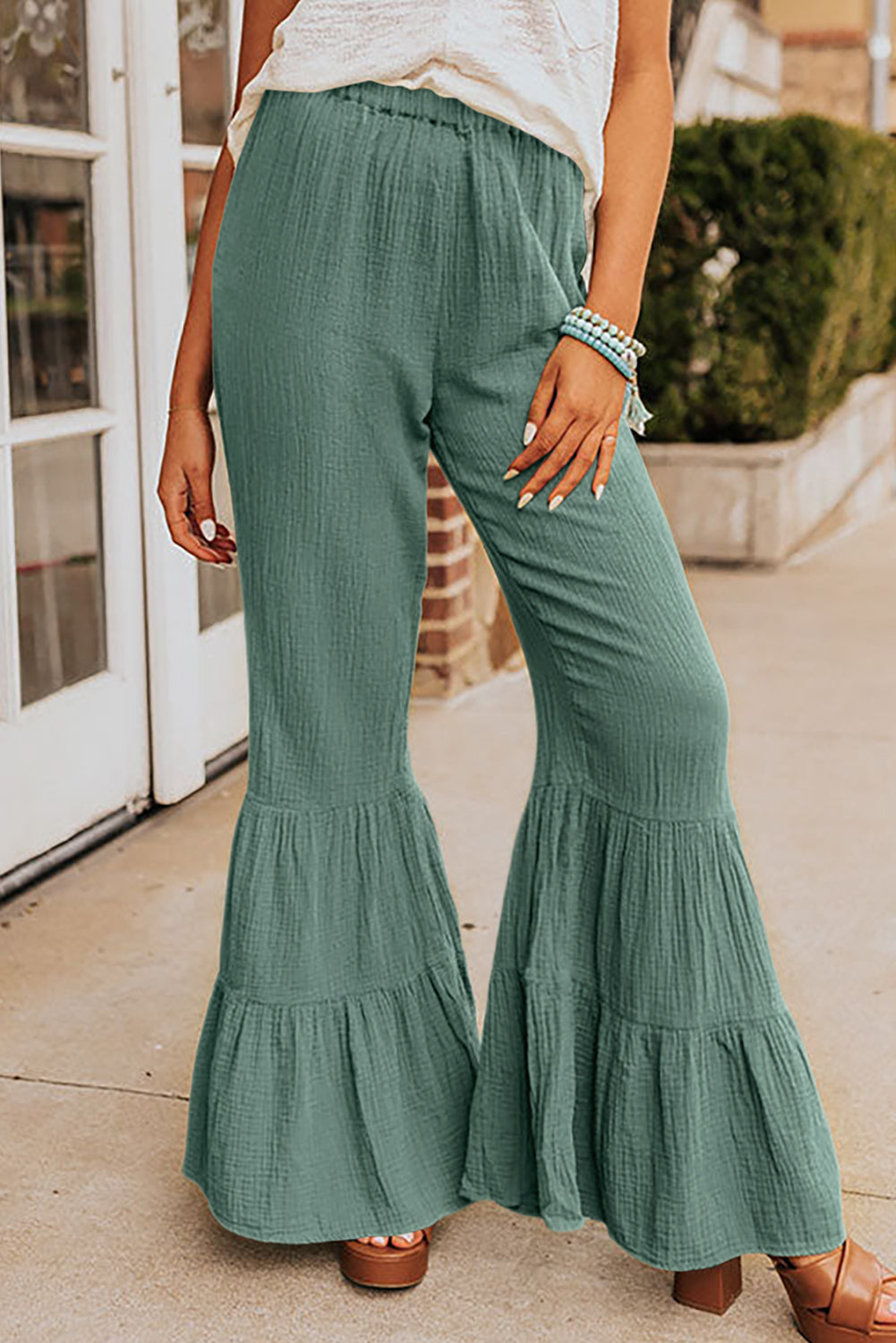 Green Textured High Waist Ruffled Bell Bottom Pants - LA Grand