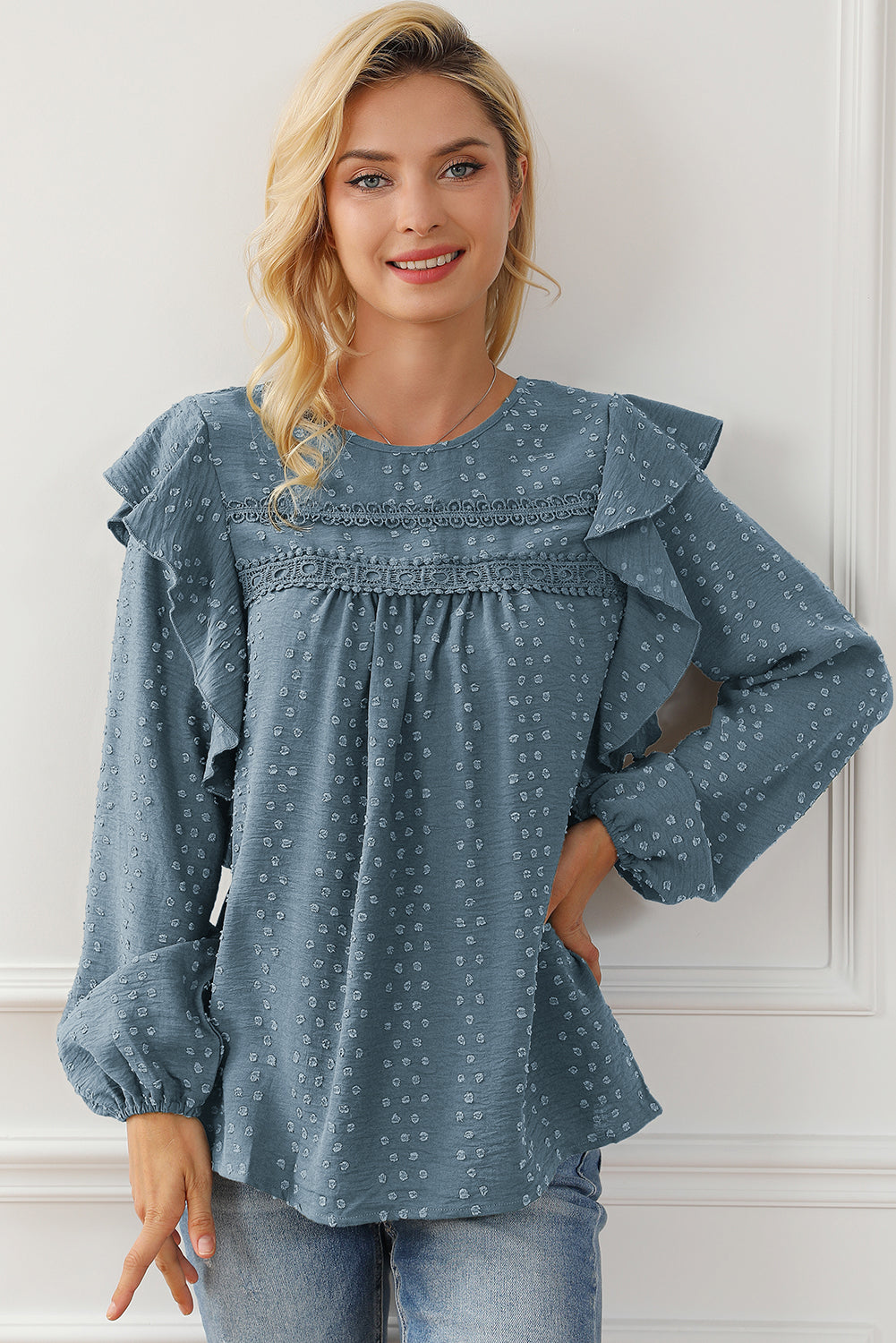 Sky Blue Lace Eyelet Ruffle Shoulder Long Sleeve Blouse - LA Grand