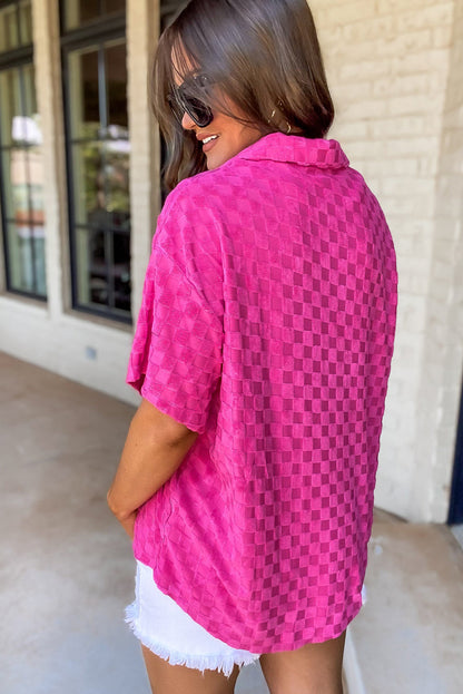 Bright Pink Lapel Neck Checkered Textured Short Sleeve Shirt - LA Grand