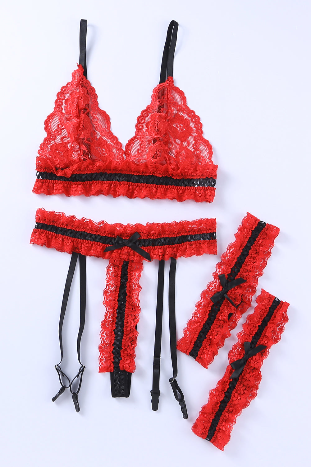 Fiery Red Sheer Lace Contrast Black Trim Lingerie Set - LA Grand