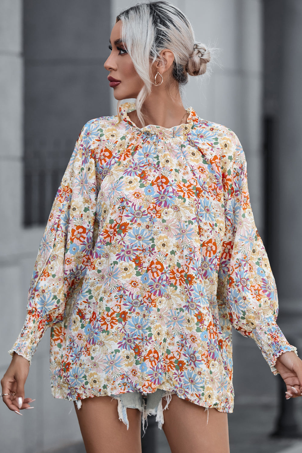 Multicolor Shirred Cuffs Bubble Sleeve Floral Blouse - LA Grand